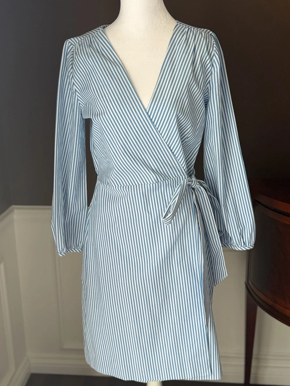 J Crew Blue/White Stripped Wrap Dress Cotton Poplin Size 2